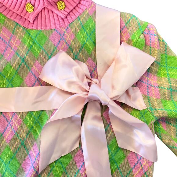 Motoguo Designer 100% Merino Wool Bow Argyle Turtleneck Sweater Pink Green Small - Picture 8 of 14